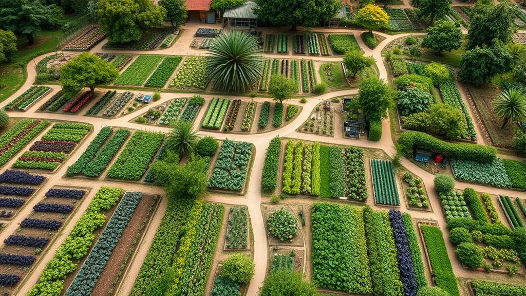 Wide aerial view of diverse vegetable gardens with organized rows, fruit trees, and natural pathways winding through cultivated landscape