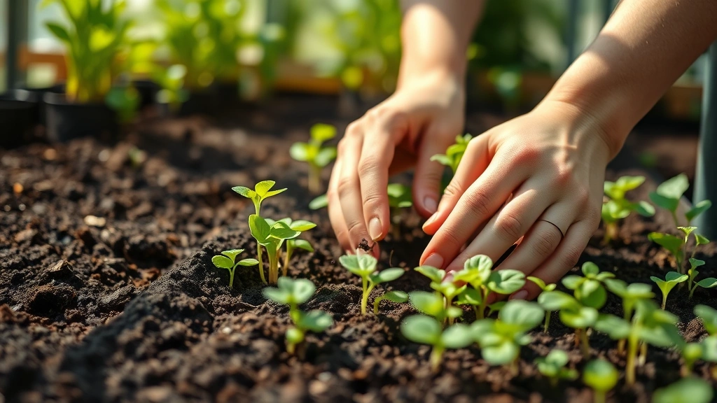 Hands gently tending to seedlings in rich dark soil, sunlight streaming through greenhouse glass, showing care and nurturing of young plants