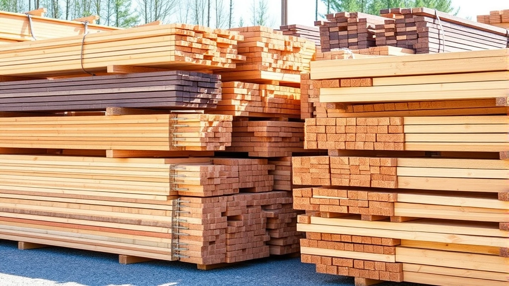 Cedar and pressure-treated lumber stacked neatly in organized piles at outdoor lumber yard, showing various wood grades and dimensions with natural lighting