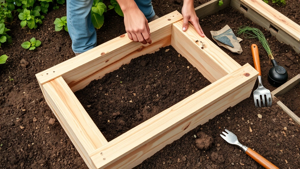 Gardener building raised vegetable bed using cedar lumber planks, with soil and garden tools visible, hands actively constructing wooden frame