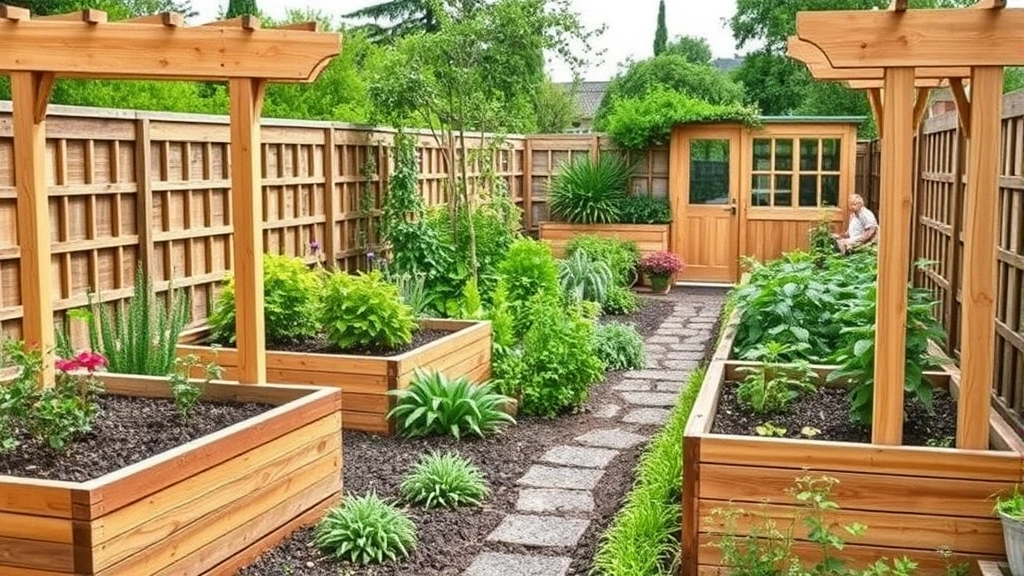 Finished garden structures made from quality lumber including raised beds, trellises, and pathways in a thriving cottage garden setting with plants growing