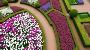 Aerial view of vibrant spring flower beds with white, pink, and purple blooms in a formal botanical garden setting, showing manicured hedges and pathways lined with flowering shrubs