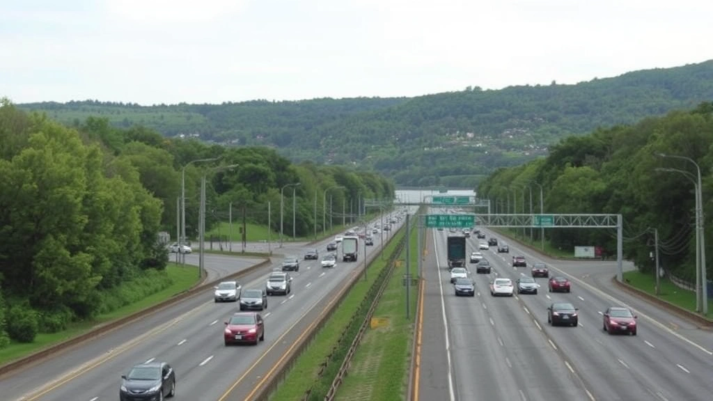 Busy multi-lane highway with vehicles traveling through a lush landscape, trees and vegetation visible on both sides, overcast sky, suburban New Jersey scenery with green hillsides