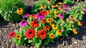 Bergen County New Jersey native plants including vibrant black-eyed Susan flowers, coneflowers, and bee balm growing in a perennial garden bed with mulch and natural sunlight