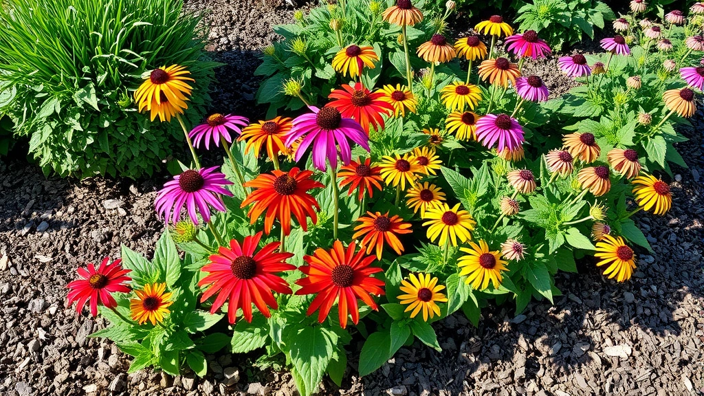 Bergen County New Jersey native plants including vibrant black-eyed Susan flowers, coneflowers, and bee balm growing in a perennial garden bed with mulch and natural sunlight