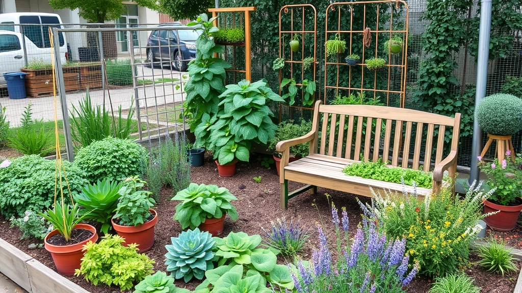 Community garden plot in urban area with container plantings, vertical trellises, vegetables, and wooden garden bench surrounded by flowering herbs and native plants