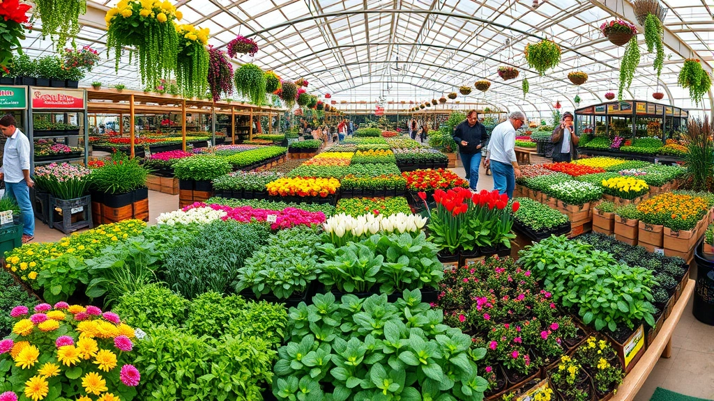 Wide-angle view of organized garden center display with colorful flowering plants, herbs, and vegetable seedlings arranged on tables with gardeners shopping
