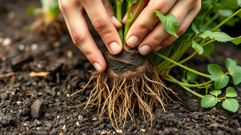Detail shot of gardener's hands examining plant roots at soil level, checking root health and structure during plant selection at nursery