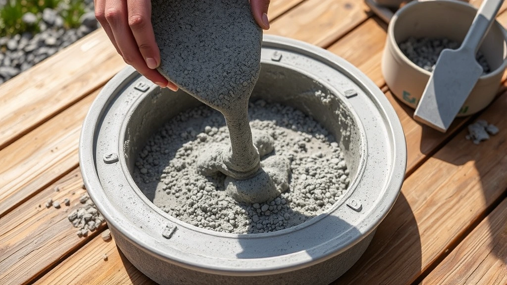 Close-up of hands pouring gray concrete mixture into a circular plastic mold for stepping stone, with gravel and mixing tools visible on wooden surface in bright sunlight
