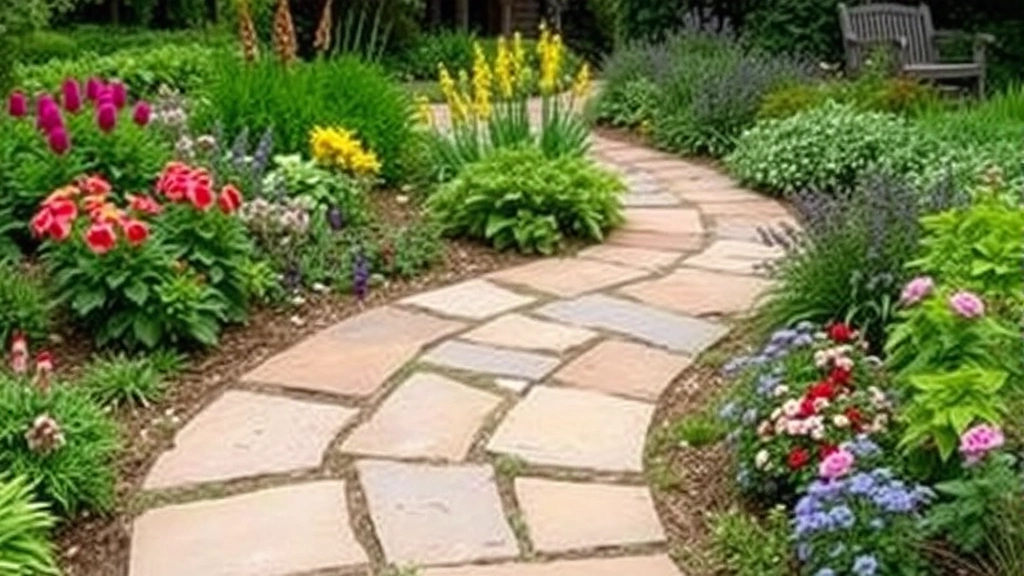 Curved garden pathway made of irregular flagstone stepping stones winding through lush flower beds with colorful perennials and green foliage on both sides
