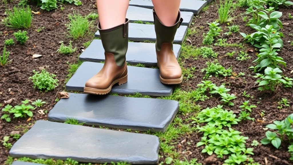 Person's feet wearing garden boots stepping on natural slate stepping stones creating a pathway through a planted garden with herbs and groundcover plants surrounding the path