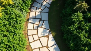 Overhead view of a winding natural flagstone pathway through a lush garden with green plants on both sides, morning light casting gentle shadows, realistic garden setting