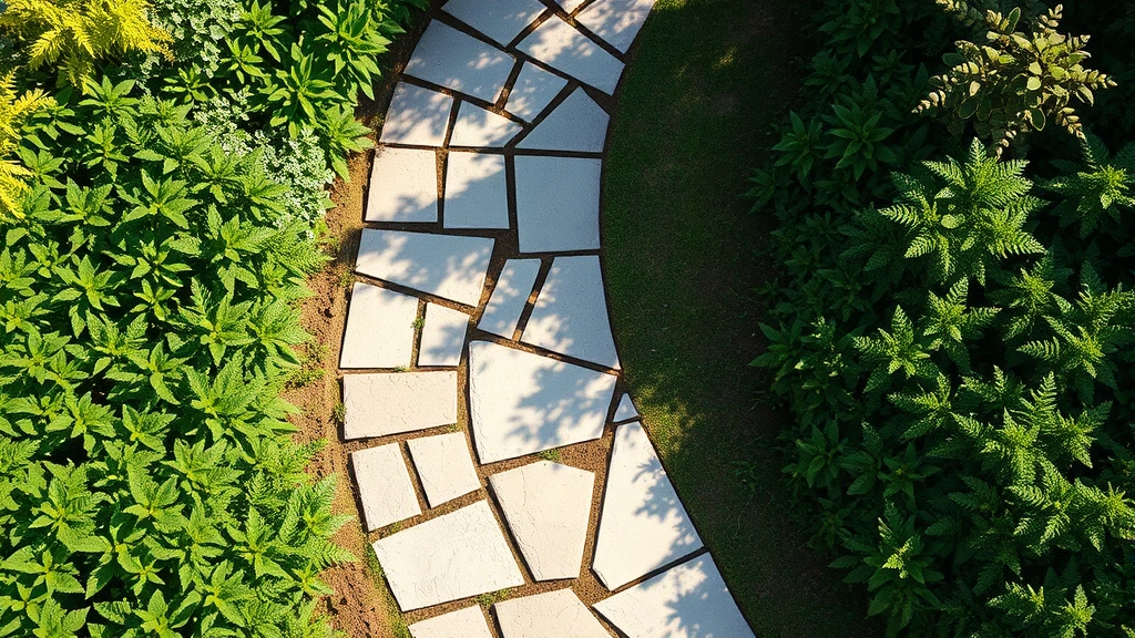 Overhead view of a winding natural flagstone pathway through a lush garden with green plants on both sides, morning light casting gentle shadows, realistic garden setting