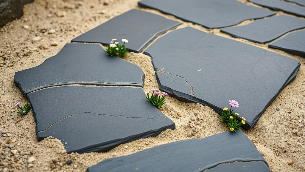 Close-up detail of hand-laid slate stepping stones set in sand with small flowering groundcovers growing between stones, showing texture and craftsmanship