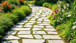 Close-up of irregular flagstone pathway winding through lush green garden beds with flowering perennials on both sides, natural sunlight creating shadows, photorealistic garden scene