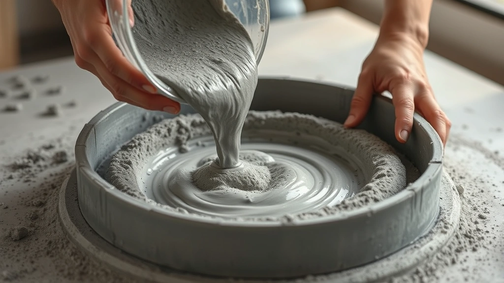 Close-up of hands pouring gray concrete mixture into a circular mold on a flat work surface, with cement dust visible in soft natural light
