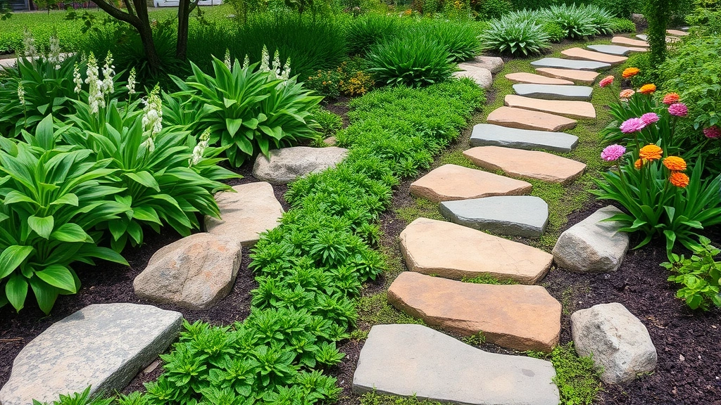 Completed stepping stone pathway winding through a lush garden with green plants and flowers on both sides, stones set at comfortable intervals