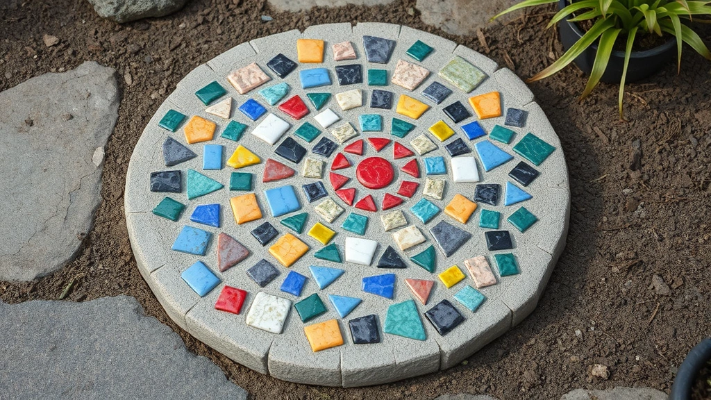 Decorative mosaic stepping stone with colorful broken tile pieces and glass arranged in a beautiful pattern embedded in concrete surface