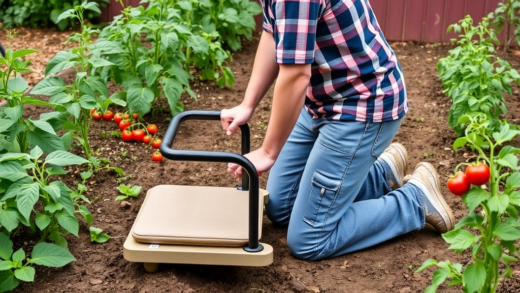 Gardener using kneeling bench with armrests in vegetable garden, kneeling on padded platform while weeding between tomato and pepper plants, demonstrating ease of getting up with armrest support