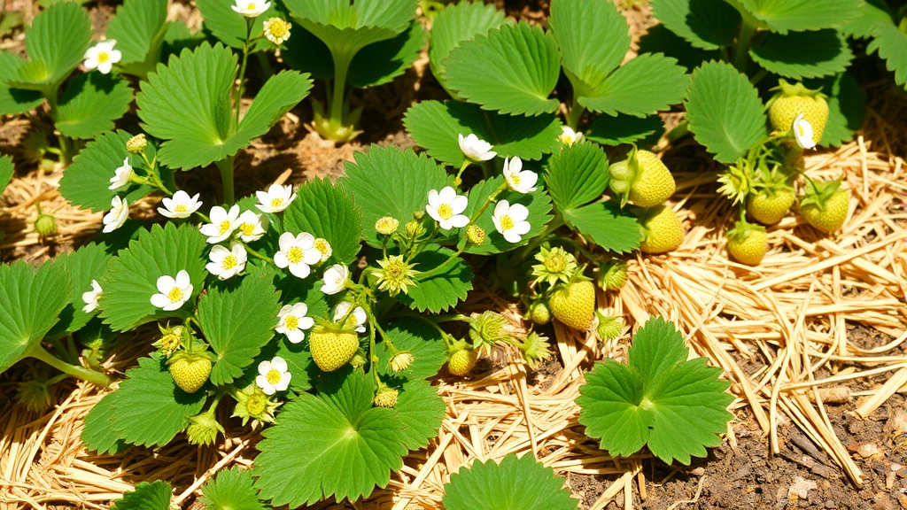 Mature strawberry plants in full bloom with white flowers and developing green fruit, mulched with golden straw in a sunny garden bed