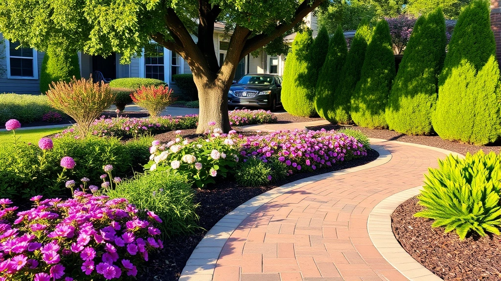 Lush front yard garden with curved brick pathway, flowering perennials in pink and purple, mature specimen tree, manicured evergreen shrubs, afternoon sunlight casting shadows on mulched beds