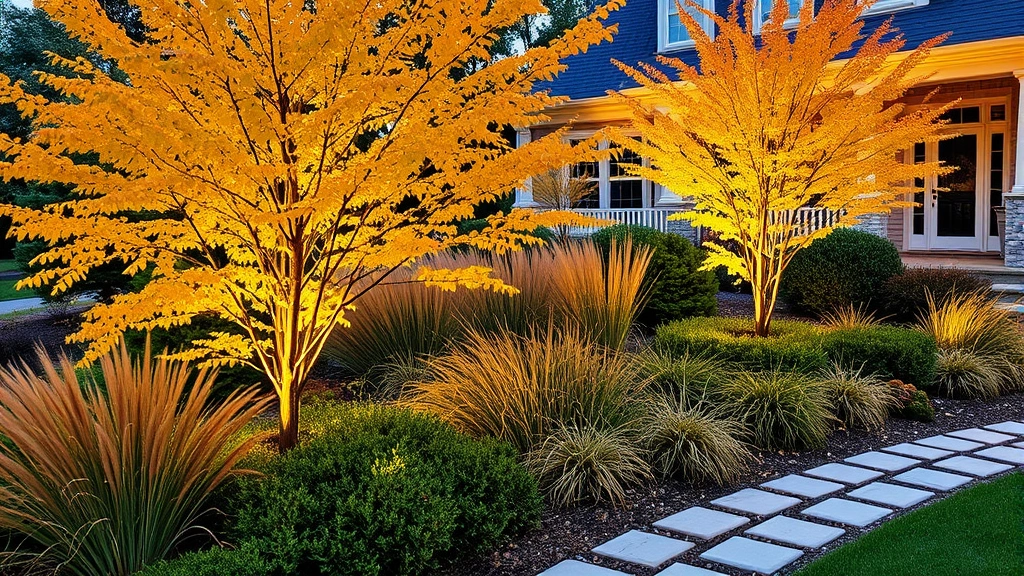 Seasonal garden display featuring fall foliage trees with golden colors, ornamental grasses, evergreen foundation plantings, stone pathway, house exterior with professional lighting