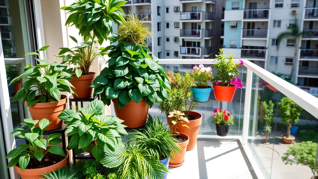 Modern apartment balcony garden with tiered potted plants in various sizes, lush green foliage, colorful flowering containers arranged against a white railing, natural daylight, urban residential building background