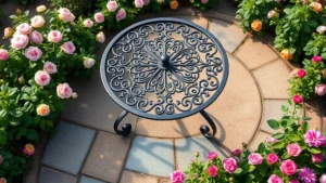Overhead shot of an ornate black wrought iron round garden table with scrollwork legs set on a stone patio, surrounded by blooming roses and flowering perennials in soft afternoon sunlight