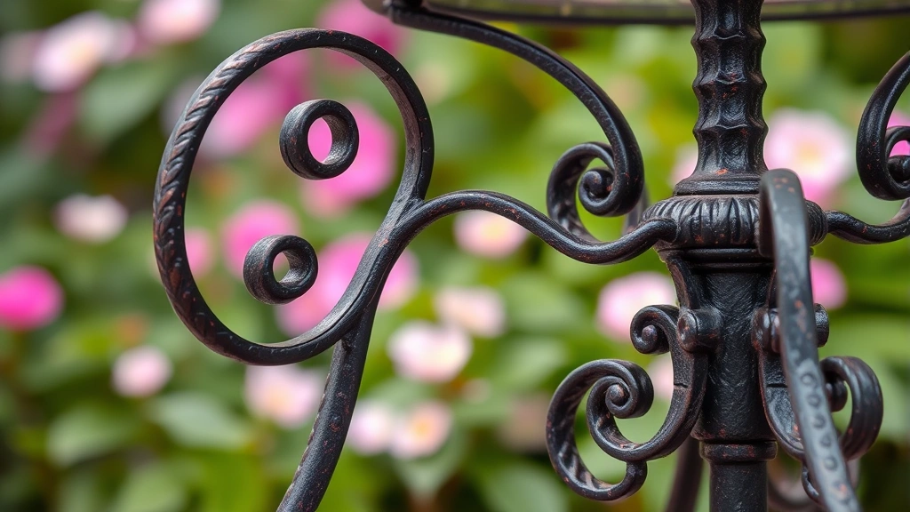 Close-up detail of decorative wrought iron scrollwork and leg design showing intricate metalwork patterns and patina, with blurred garden foliage in background