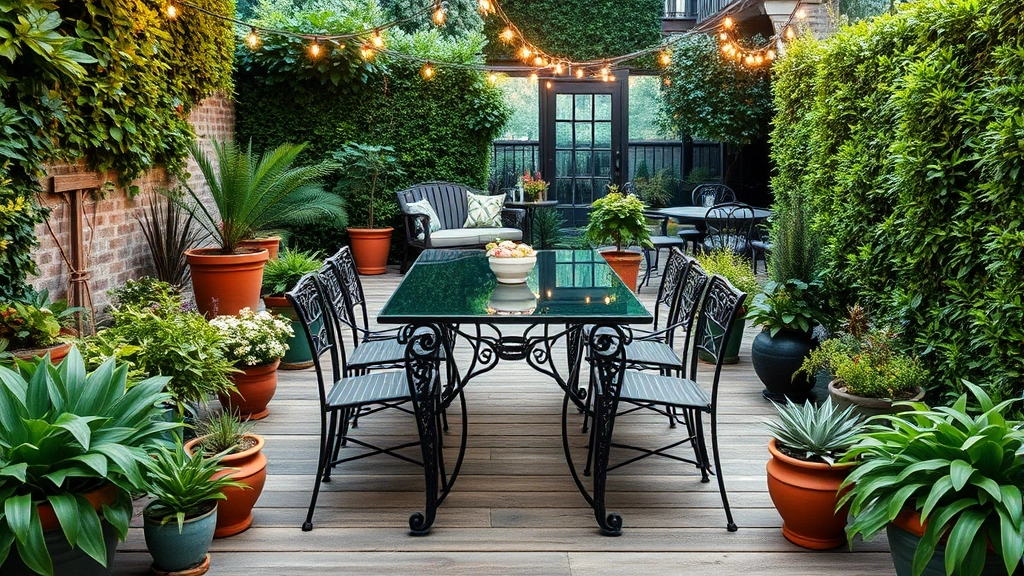 Wide garden scene featuring a rectangular wrought iron dining table with glass top surrounded by potted container plants, string lights overhead, and lush green plantings creating an intimate outdoor dining space