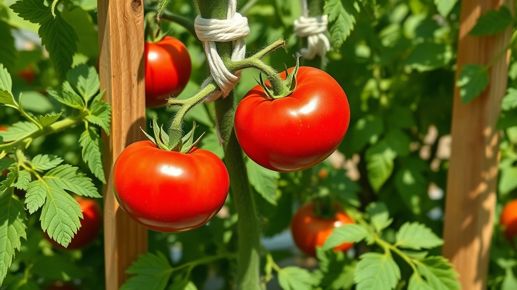 Mature indeterminate tomato plant with ripe red fruit supported by sturdy wooden stakes and soft cloth ties, green foliage surrounding developing tomatoes in afternoon sunlight