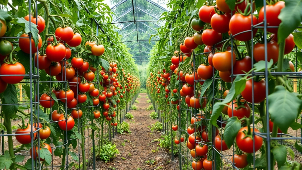 Wide view of garden row with multiple tomato plants contained in tall wire cages, plants heavy with red and green fruit, lush green foliage visible between cages