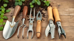 Organized collection of hand garden tools including trowel, hand fork, pruners, and cultivator arranged neatly on wooden surface with soil and green plants visible in background