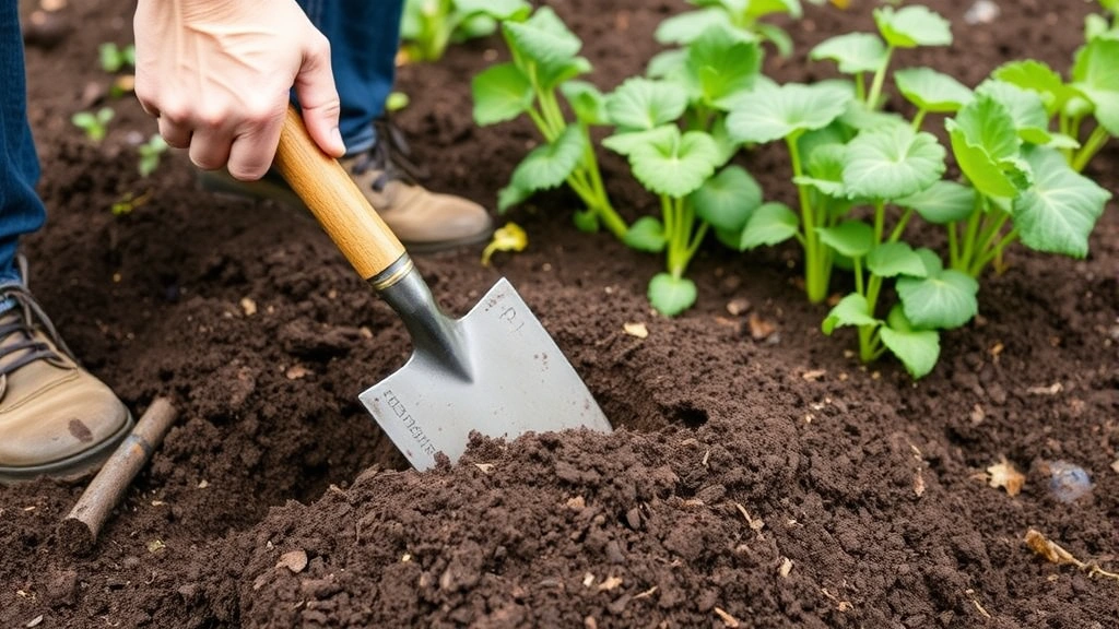 Gardener using a spade to dig and turn dark, rich garden soil in a vegetable bed with green plants growing nearby, demonstrating proper digging technique