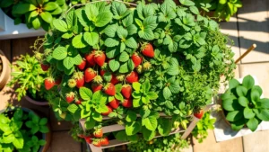 Overhead view of a fully planted garden tower with cascading strawberries, fresh herbs, and green leafy vegetables in bright sunlight on a residential patio