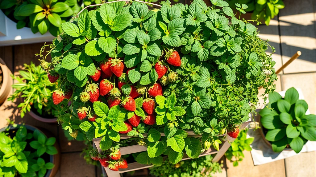 Overhead view of a fully planted garden tower with cascading strawberries, fresh herbs, and green leafy vegetables in bright sunlight on a residential patio