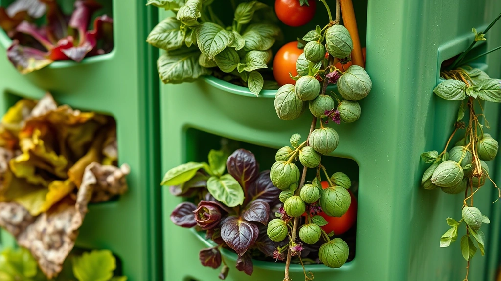Close-up of multiple colorful vegetables and herbs growing from different pockets of a green garden tower, showing lettuce, basil, and trailing plants with morning dew