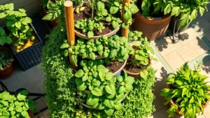 Overhead view of a fully planted Garden Tower with lush herbs and vegetables at different tiers, vibrant green foliage cascading down, morning sunlight illuminating the tower structure on a sunny patio