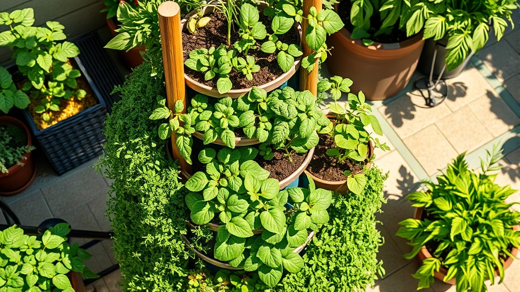 Overhead view of a fully planted Garden Tower with lush herbs and vegetables at different tiers, vibrant green foliage cascading down, morning sunlight illuminating the tower structure on a sunny patio