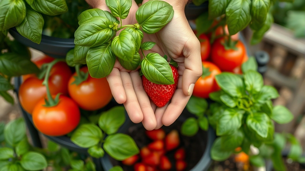 Close-up of hands harvesting fresh basil leaves from the upper tier of a Garden Tower, with ripe tomatoes visible on middle tiers and strawberries in the central composting core area