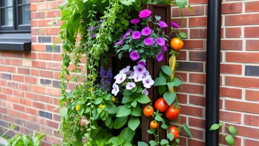 Garden Tower positioned against a brick wall in an urban setting, completely full with diverse plants including trailing herbs, flowering plants, and vegetables at various growth stages, demonstrating vertical space optimization