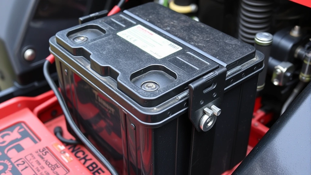 Close-up of a 12-volt lead-acid battery with clean terminals and hold-down bracket installed on a riding tractor, showing proper installation positioning