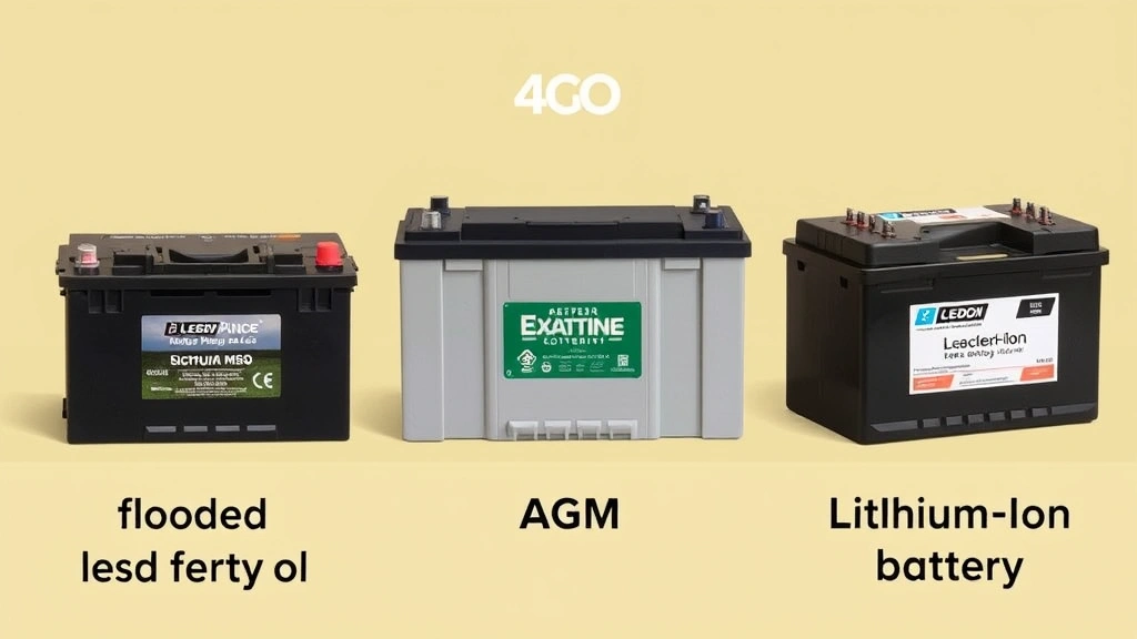 Side-by-side comparison of three battery types: flooded lead-acid, AGM, and lithium-ion batteries for garden equipment, clearly showing different case designs and terminal configurations