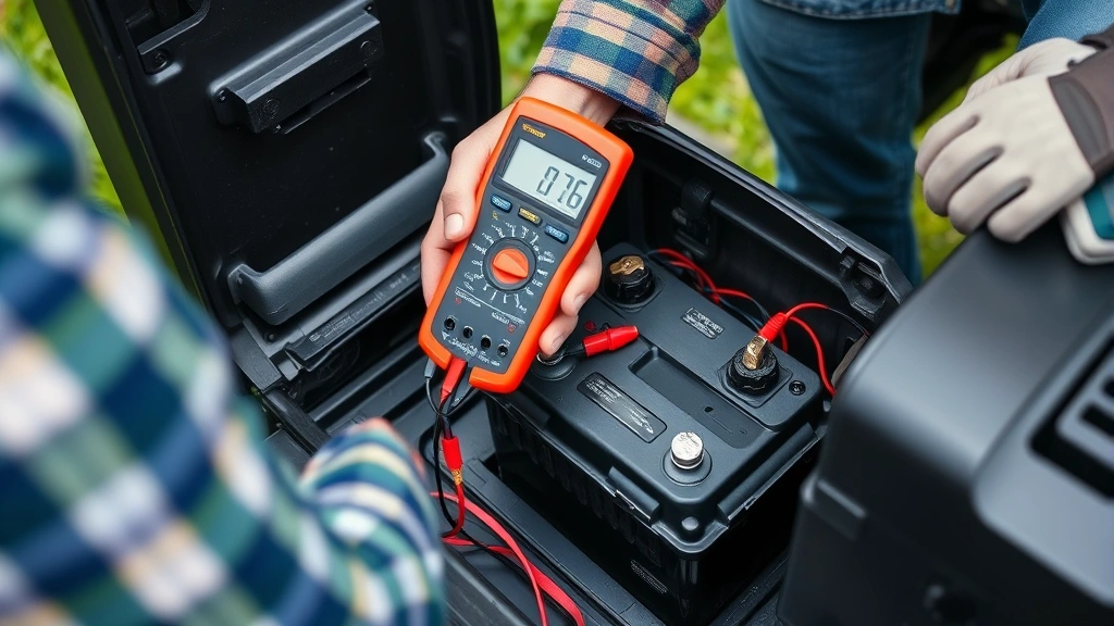 Gardener using a multimeter to test battery voltage on a lawn tractor during spring maintenance, with battery compartment visible and clean terminals