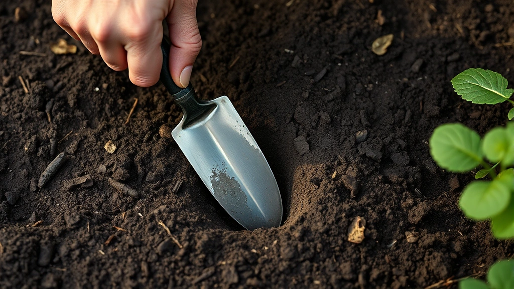 Close-up of gardener's hands using stainless steel trowel to dig precise planting hole in dark garden soil, showing proper grip and technique