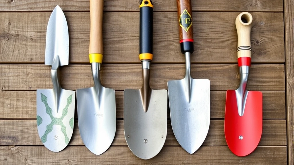 Collection of five different garden trowels displayed side-by-side showing various blade widths, handle materials, and designs on weathered wooden surface