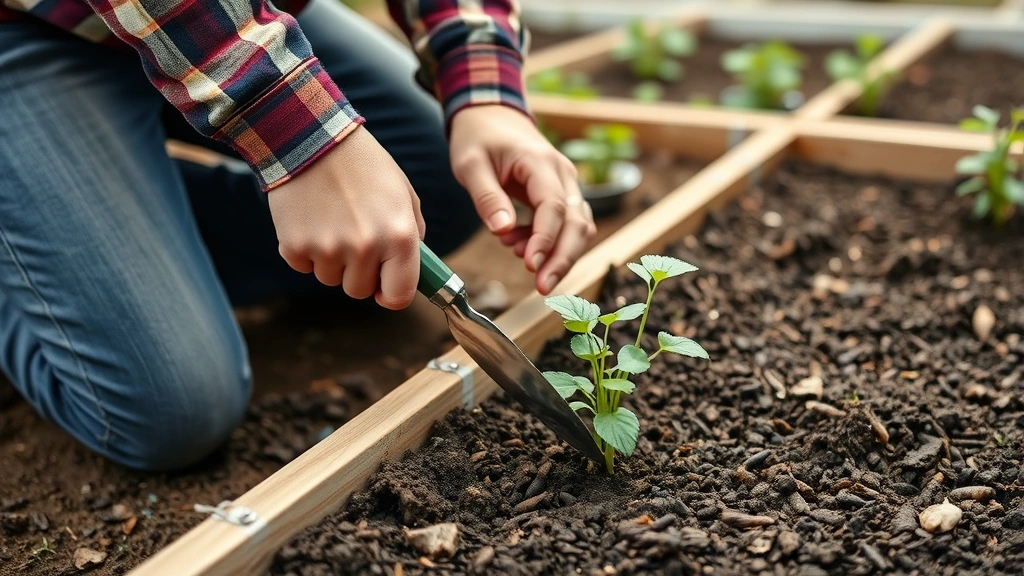 Gardener kneeling in raised vegetable bed using narrow-bladed trowel to transplant seedling, demonstrating delicate handling with green plant visible