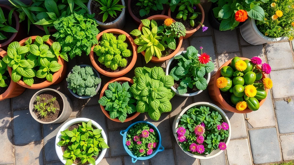 Overhead view of multiple ceramic and plastic garden tubs filled with thriving herbs, vegetables, and colorful flowering plants arranged on a sunny patio with stone pavers