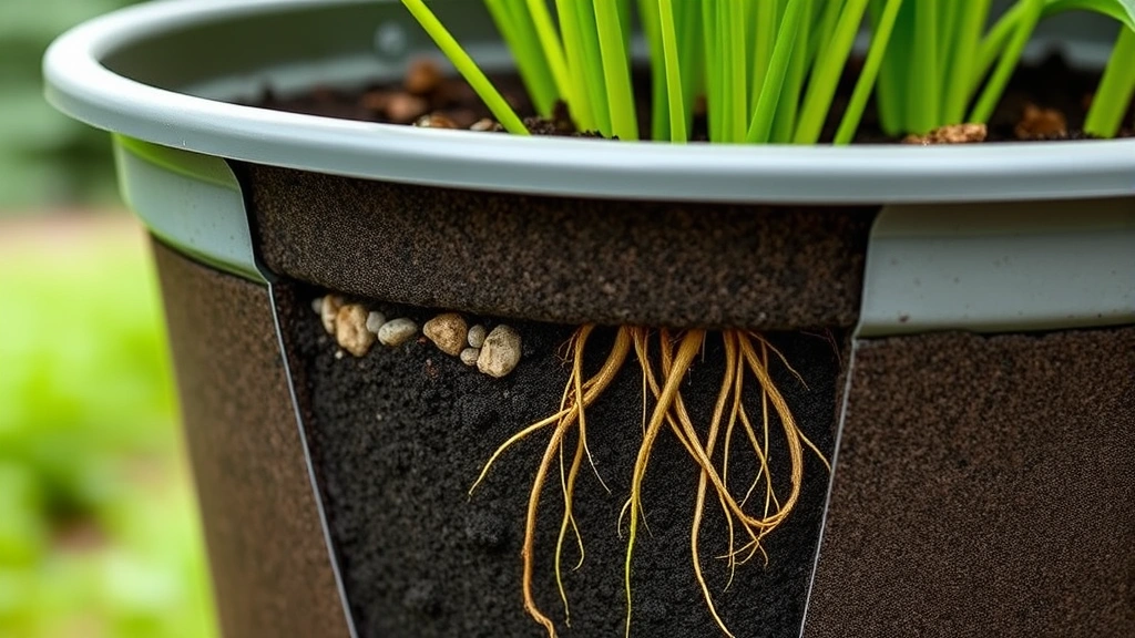 Close-up cross-section showing proper garden tub drainage layers with gravel base, potting mix, and healthy plant roots in dark moist soil