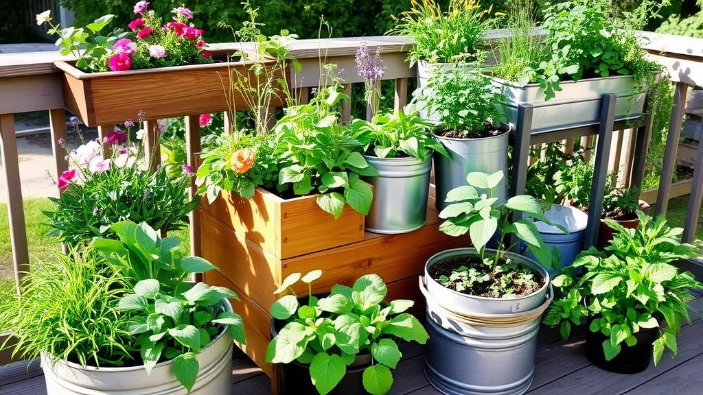 Garden tub garden display featuring elevated wooden and metal containers with cascading flowers, leafy vegetables, and herbs in various sizes arranged on a deck with morning light